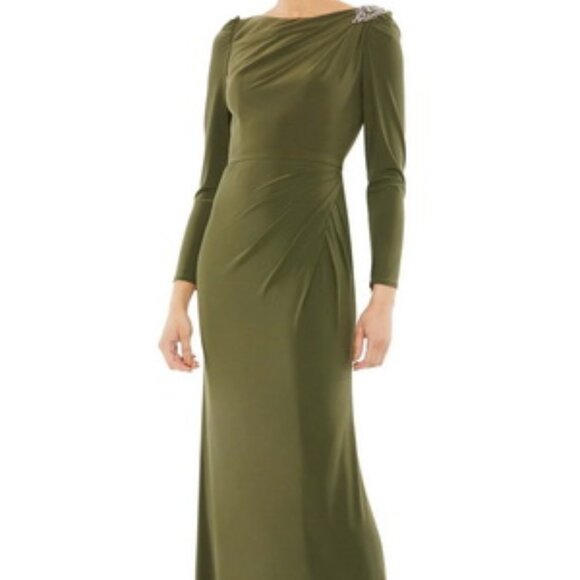 Mac Duggal Olive Green Embellished Long Sleeve Jersey Gown